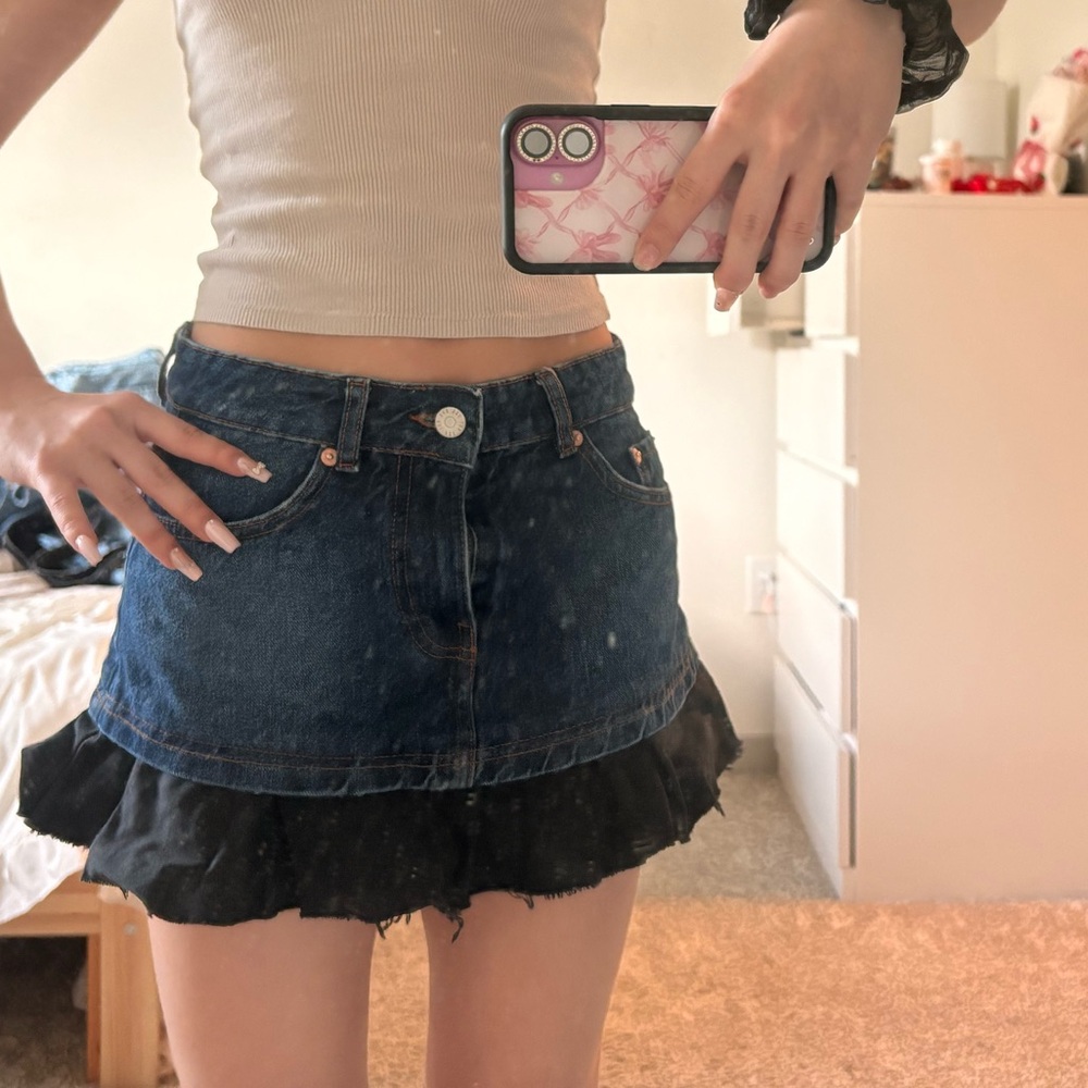 Urban Outfitters Blue Denim Skirt with Black Ruffle